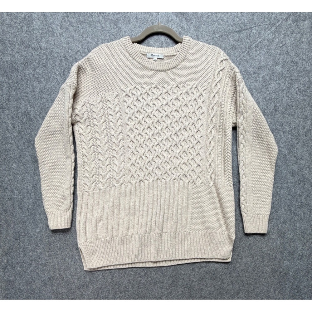 Madewell Mixed-Stitch Cableknit Sweater Merino Wool Blend Beige Oatmeal Medium